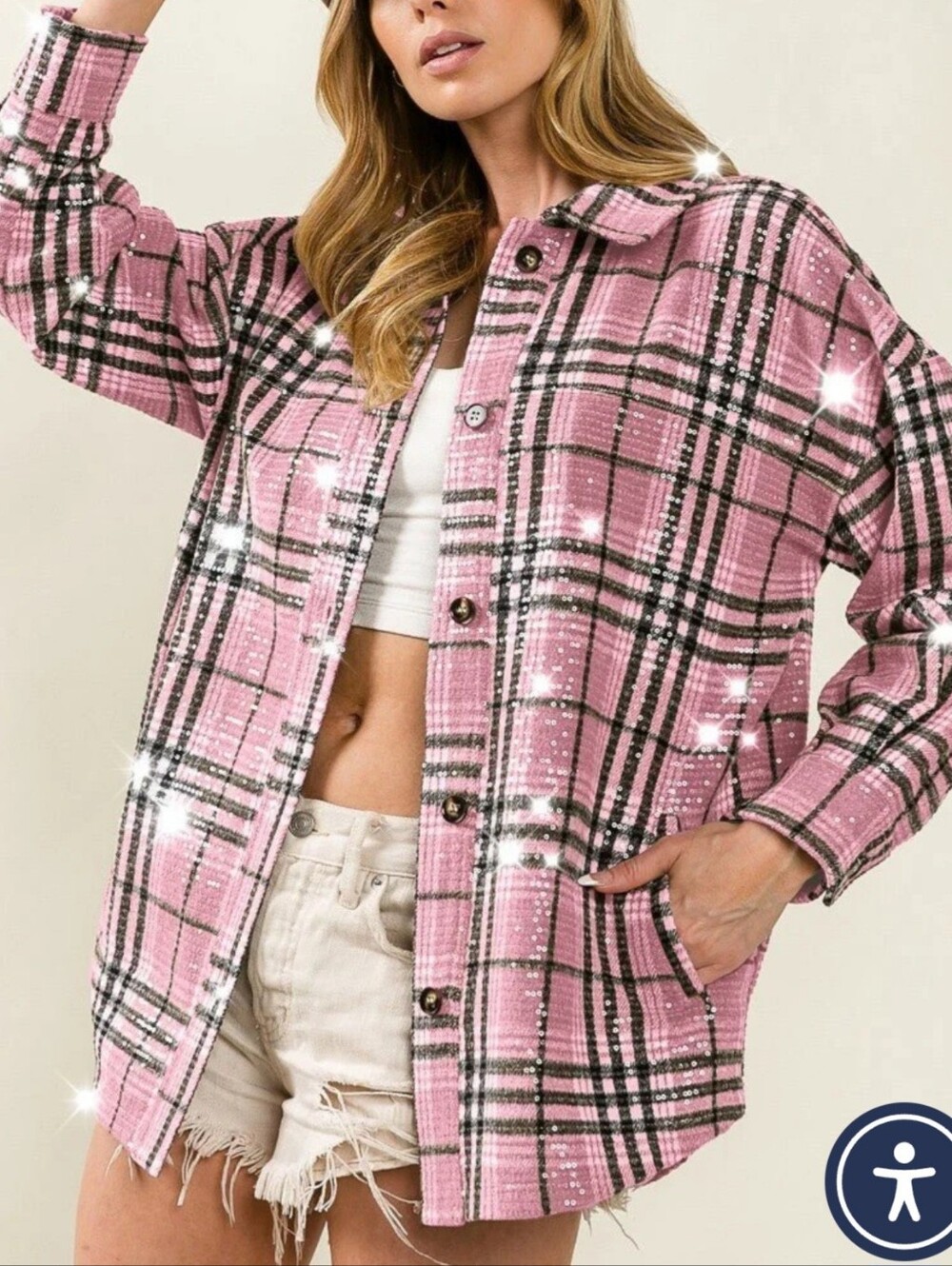 Sequins Pink, Black, and White Plaid Shacket